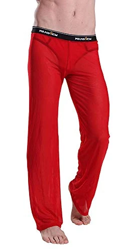 Transparent Loose Long Pants Modal Sexy Solid Color Mesh Trousers Red XXL