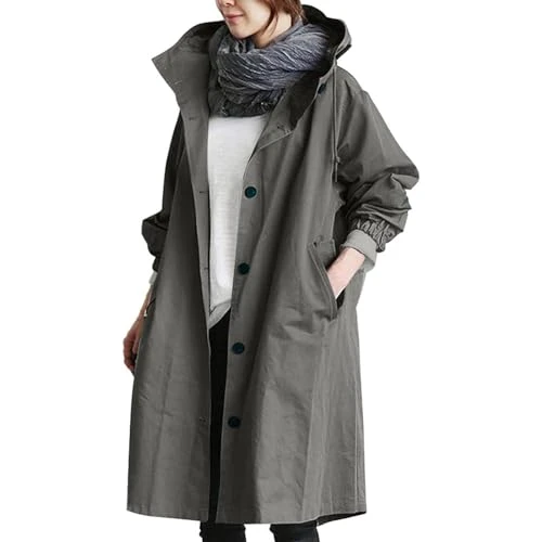 Trench Coats for Women Plus Size UK Button Down Long Sleeve Hooded Raincoats Lightweight Elegant Longline Jackets Anoraks Trenchcoats Climbing Casual Windbreaker S-5XL