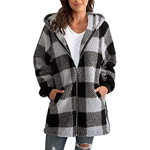 Trench Coats For Women Warm up Coat Coat Long Sleeve Plaid Hooded Zipper With Pocket Loose Coat Wome