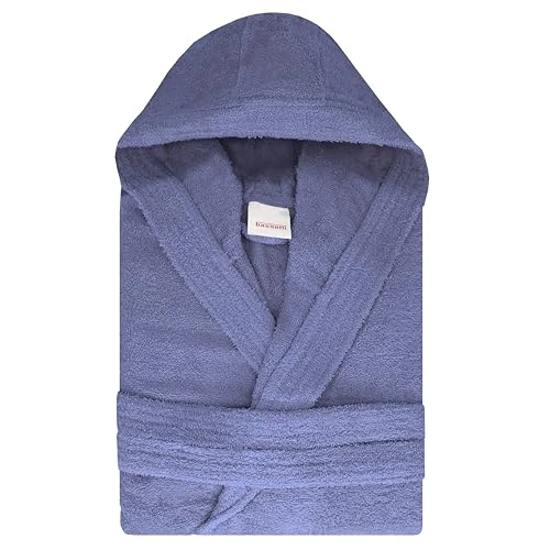 Trendy Cotton Terry Towelling Bathrobe, Travel Bathrobe, Unisex Terry Towelling Bathrobe with Hood, Travel Marine, L