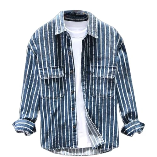 Trendy Denim Style Stripes Men's Long Sleeve Cotton Outerwear, blue, L