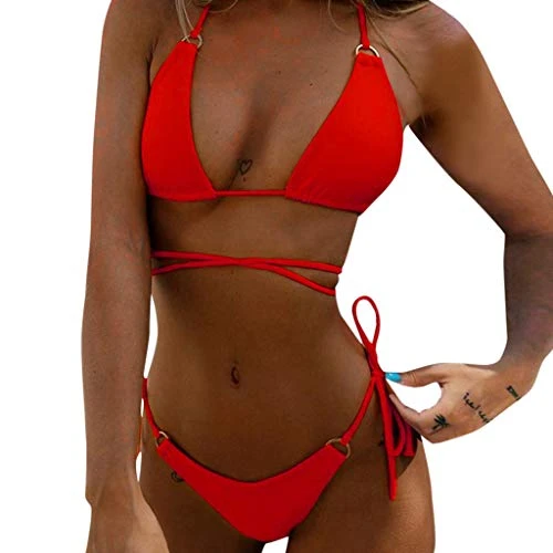 Triangle Bikini Women Bandeau Bandage Bikini Set Push-Up Brazilian Swimwear Beachwear Swimsuit American Romper Red
