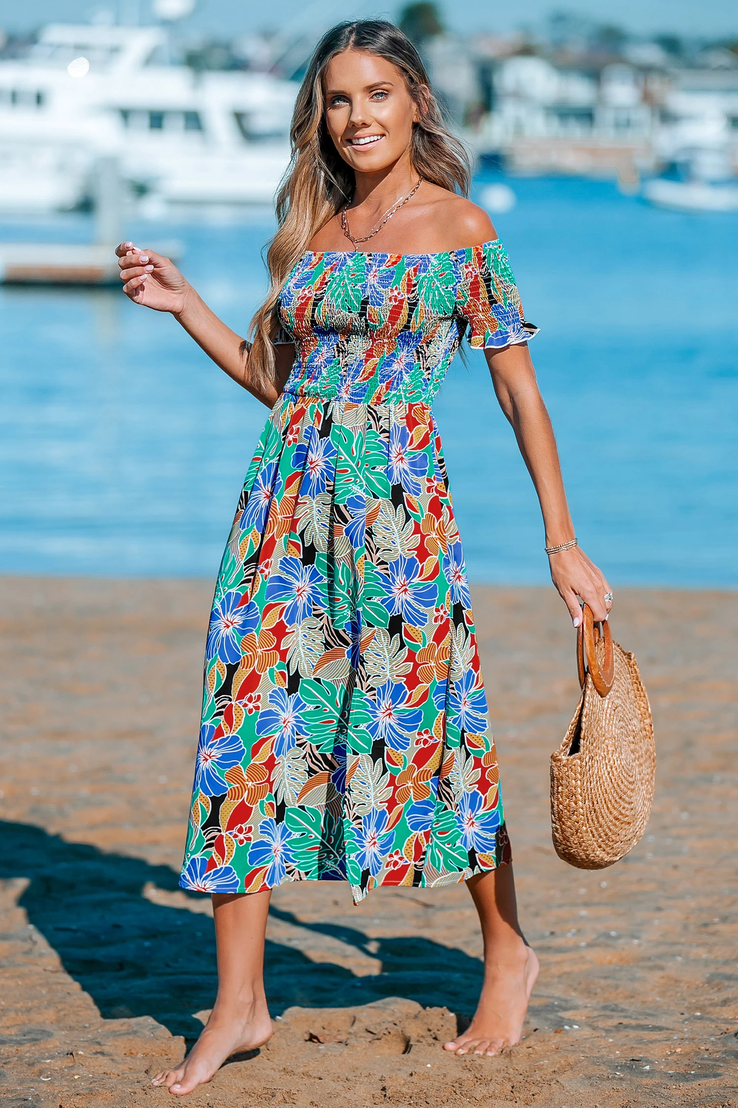 Tropical Bloom Off houlder Smocked Maxi Dress - Red