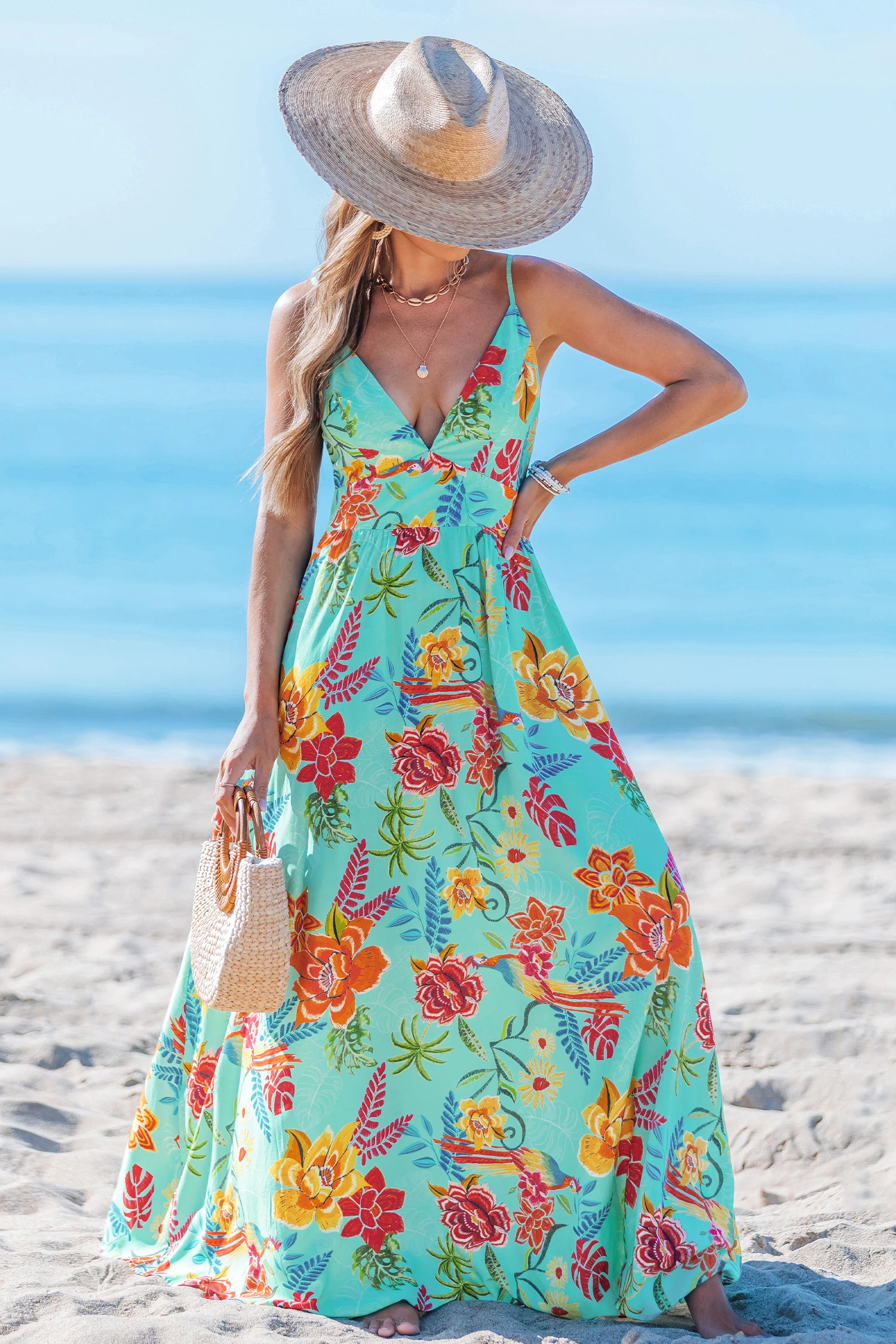 Tropical Charm Floral Maxi Dress - Green