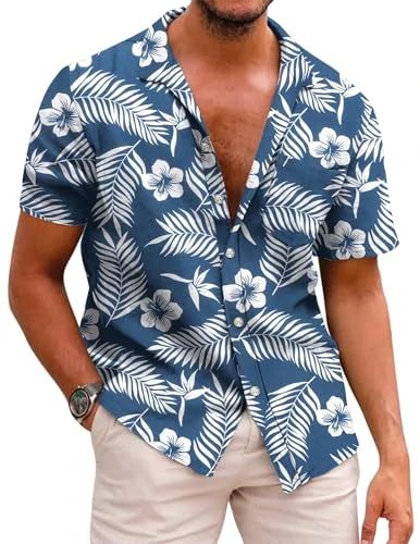 Tropical Shirts for Men Hawaiian Shirt Funky Flower Beach Shirts Short Sleeve Shirts Summer Shirts Button Up Shirts Holiday Shirts for Men C-Navy Blue L