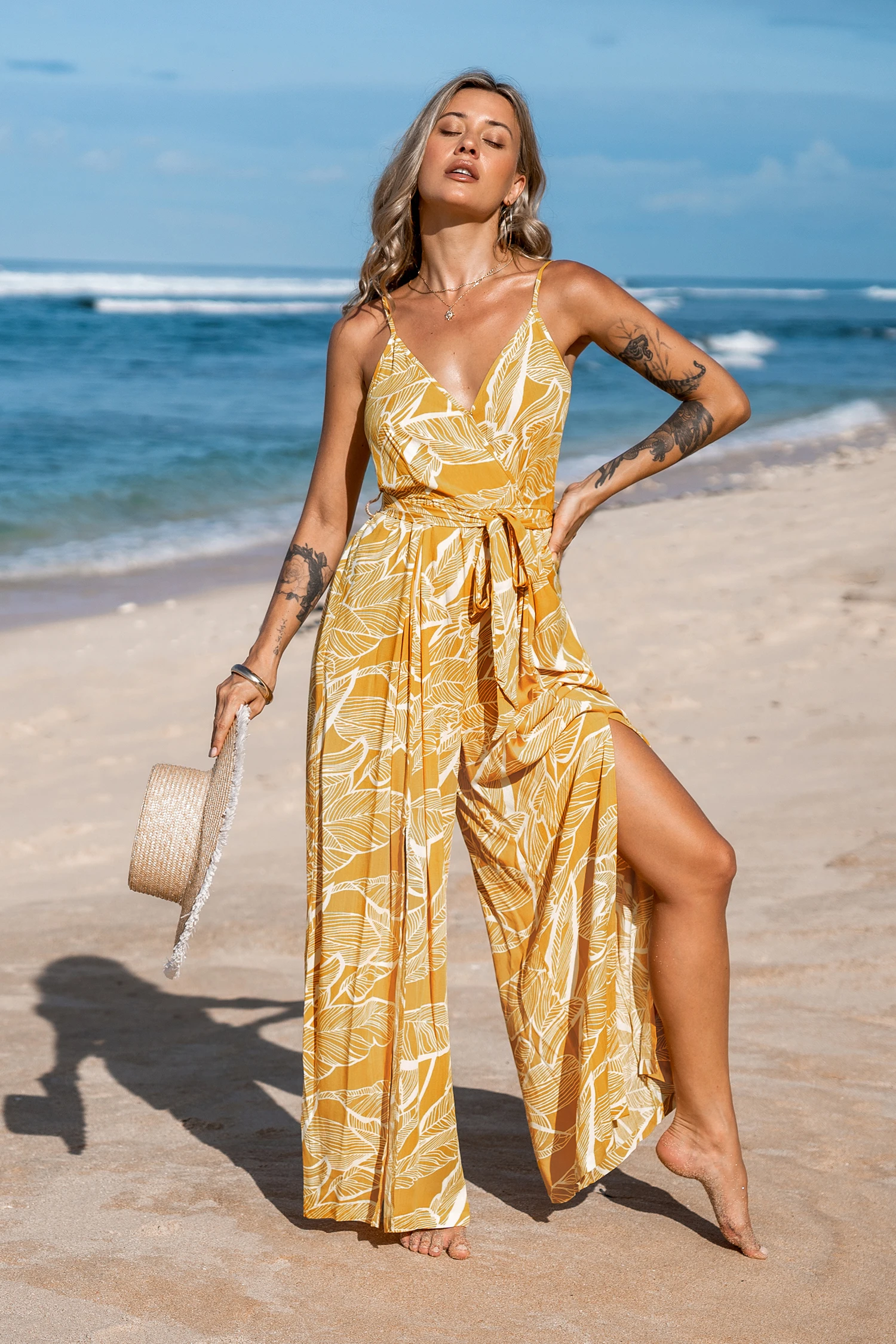 Tropical Sunshine Sleeveless Wide Leg Jumpsuit - Gold
