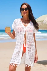 Tropical Tassels White Cover-Up Kimono