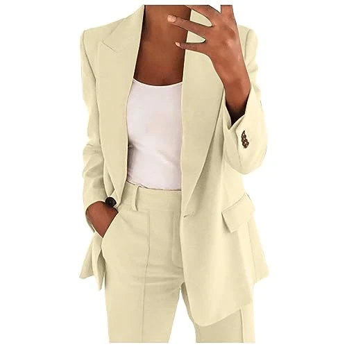 Trouser Suit Women's Elegant Business Suit Set 2-Piece Slim Fit Blazer Trousers Outfit Casual Sporty Leisure Suit Fashion Lapel Long Blazer Long Trousers Tracksuit Cotton Plain Streetwear,