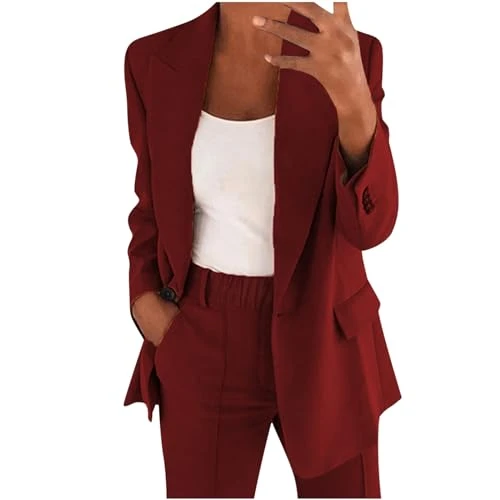 Trouser Suits for Women UK Elegant Solid Long Sleeve Tops Blazer Suit Jacket Cardigan Coat Pockets Long Dress Pants Suit Work Office Business Breathable Hiking Bottoms,L