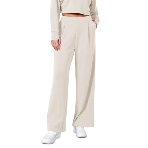 Trousers for Women UK Women's Wide Leg Work Trousers Solid Elastic Waist High Waist Casual Pants with Pocket Workout Yoga Office Work Trousers Straight Leg Yoga Pants Khaki