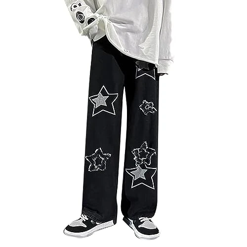 Trousers Men's Baggy Jeans Men's Embroidered Jeans Loose Five-Pointed Daddy Trousers Autumn Winter Straight Leg Wide Trousers Denim Cool Black Fashion Jeans, black, M