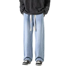 Trousers Men's Cargo Stretch Men's High Street Washed Old Jeans American Gradual Loose Straight Tube Floor Sweeping Wide Leg Pants Men's Clothing, lightblue, L