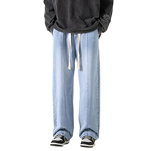 Trousers Men's Cargo Stretch Men's High Street Washed Old Jeans American Gradual Loose Straight Tube Floor Sweeping Wide Leg Pants Men's Clothing, lightblue, L