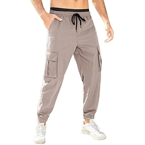 Trousers sports overalls with straight legs, multi-pocket fitness trousers for men, cargo trousers, men, sand, 0502D Khaki, XXL