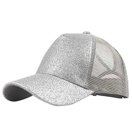 Trucker Ponytail Cap Glitter Baseball Hat Visor Plain Buns Messy Unisex Baseball Caps Caps for Women Men (Silver, One Size)