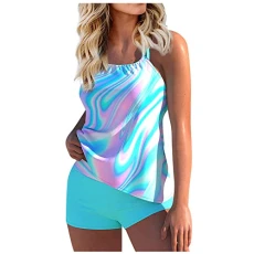 Tummy Control Swimsuit for Women 2024 Flowy Bathing Suits UK Trendy Sea Wave Printing 2 Pieces Beachwear Swimdress Elegant Outfits Tankini with Shorts Swimsuit