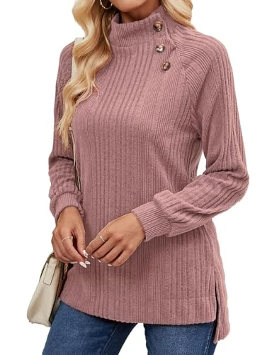 Tunic Tops for Women UK, Turtleneck Fall Long Jumper High Low Splits Hem Knitted Solid Color Loose Fit Sweater with Button Smart Casual Business Ladies Basics Clothing Pink-XL