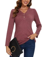 Tunic Tops for Women V Neck with 2 Buttons Casual Loose T Shirt Jumpers (Red M) Tunic Tops for Women V Neck with 2 Buttons Casual Loose T Shirt Jumpers (Red M)