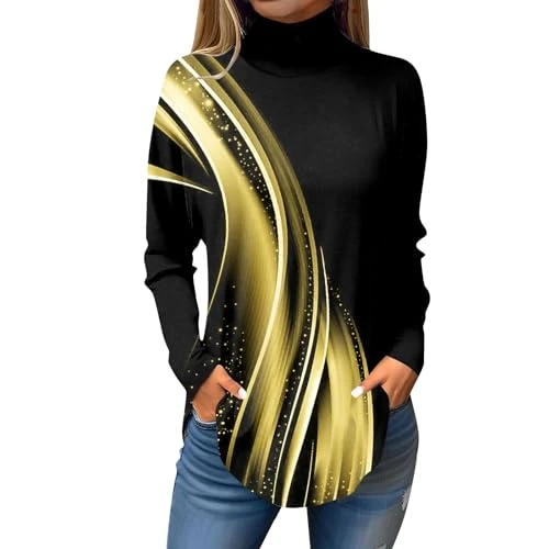 Turtle Neck Tops for Women Mesh Top Yellow T Shirt Christmas Blouses for Women Womens Tunic Jumpers Womens Jumpers Size 12 Girls Xmas Sweatshirt Womens Plus Size Tops(Yellow,XXL)