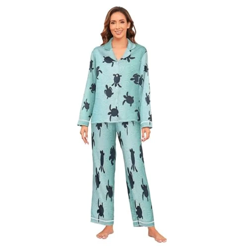 Turtle Ocean Abstract Women's Satin Pyjamas Set Long Sleeve Button Down Sleepwear S Multicolor