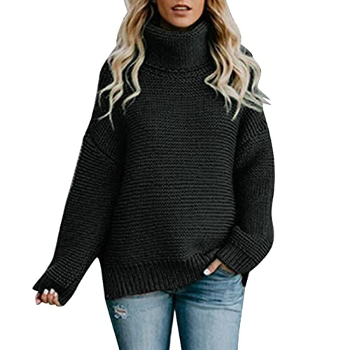 Turtleneck Pullover Women's Autumn and Winter Plain Loose High Neck Knitted Long Sleeve Pullover Wool Pullover Women's Winter Wool Retro Winter Fashion Pullover Tops, black, XXXL