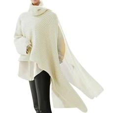 Turtleneck Sweater Zip Jumper Women Long Sleeve Plus Size Polo Roll Neck Ladies Jumper Symmetrical Button Down Collar Split Ladies Lightweight Jumpers Cheap White