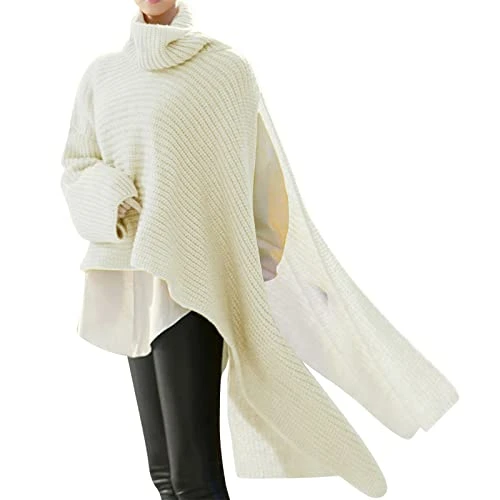 Turtleneck Sweater Zip Jumper Women Long Sleeve Plus Size Polo Roll Neck Ladies Jumper Symmetrical Button Down Collar Split Ladies Lightweight Jumpers Cheap White