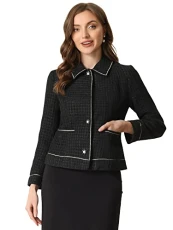 Tweed Blazer for Women's Plaid Long Sleeve Vintage Outwear Work Office Short Jacket Coat Black S