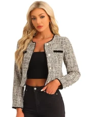 Tweed Jacket for Women's Long Sleeve Casual Work Office Plaid Short Outwear Apricot S