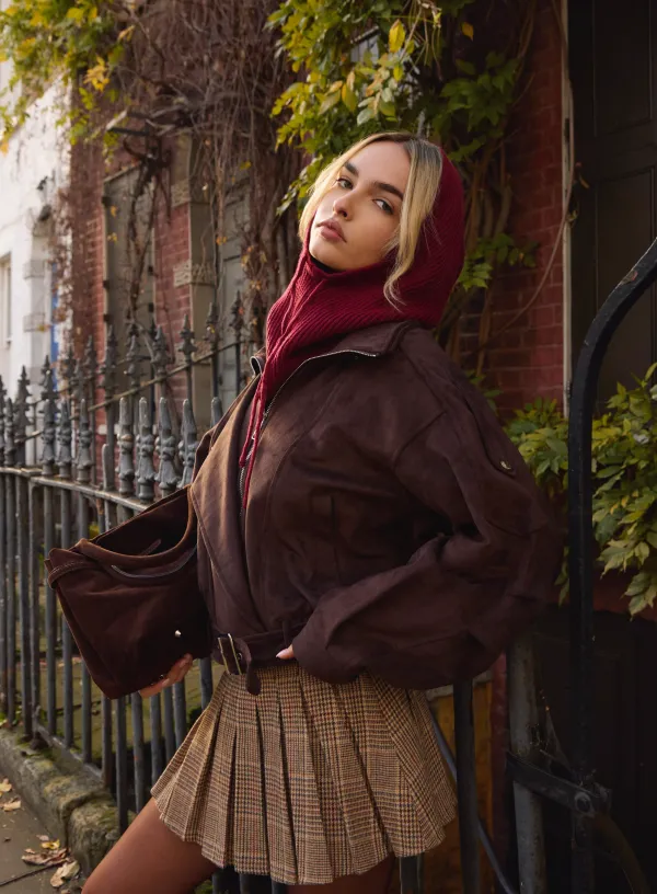 Tweed Pleated Mini Skirt - M - BROWN