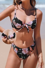 Twilight Garden Underwire Bikini Top & High Cut Bottoms Set - Black