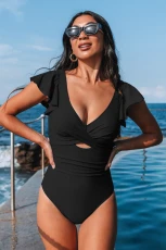 Twilight Ripple Long Torso Twist Ruffled Tummy Control One-Piece Swimsuit - Black