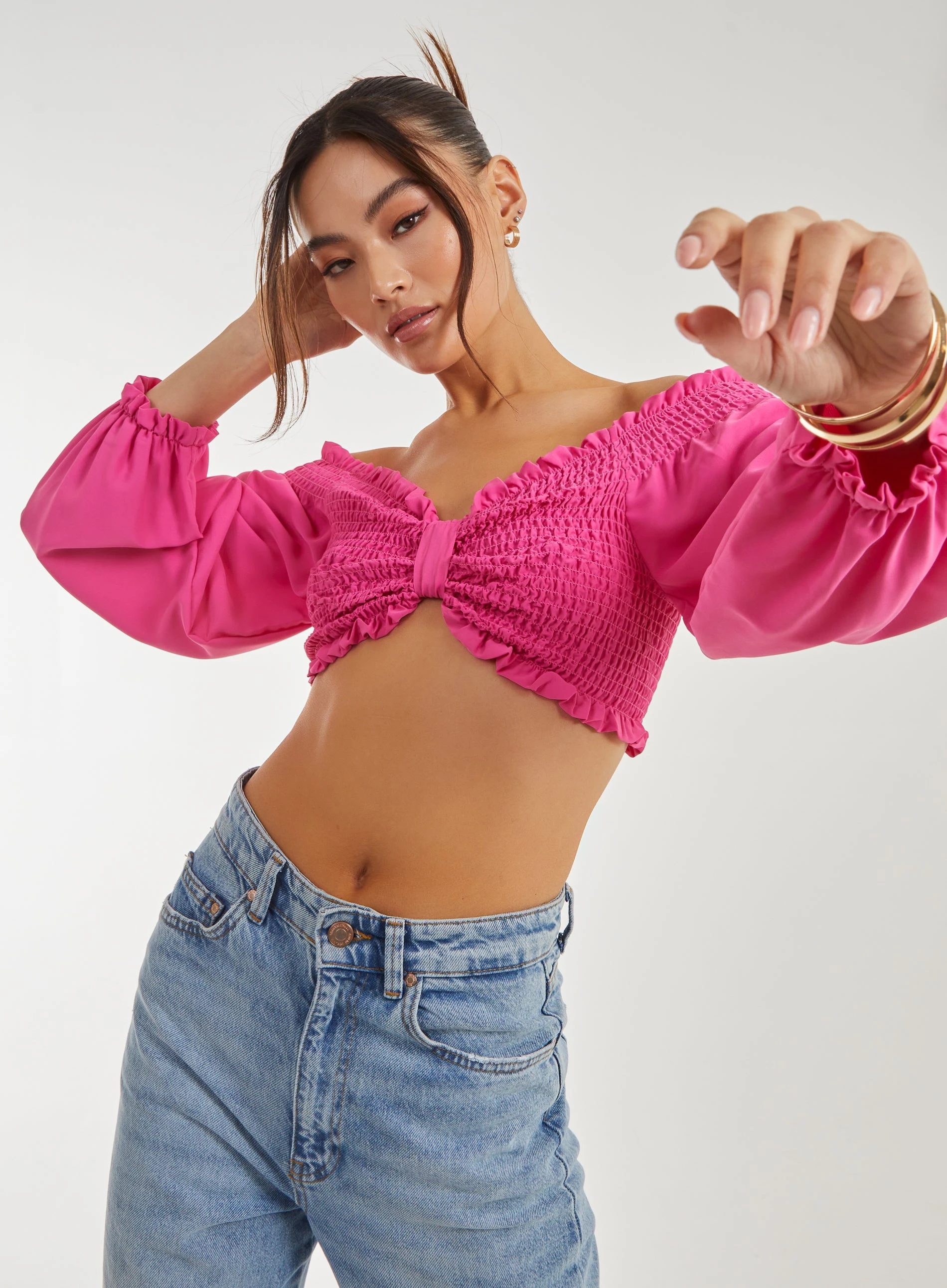 Twist Front Balloon Sleeve Crop Top  - L  - HOT PINK