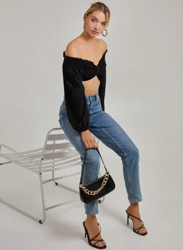 Twist Front Balloon Sleeve Crop Top - M - Black