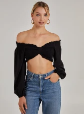 Twist Front Balloon Sleeve Crop Top  - S  - Black