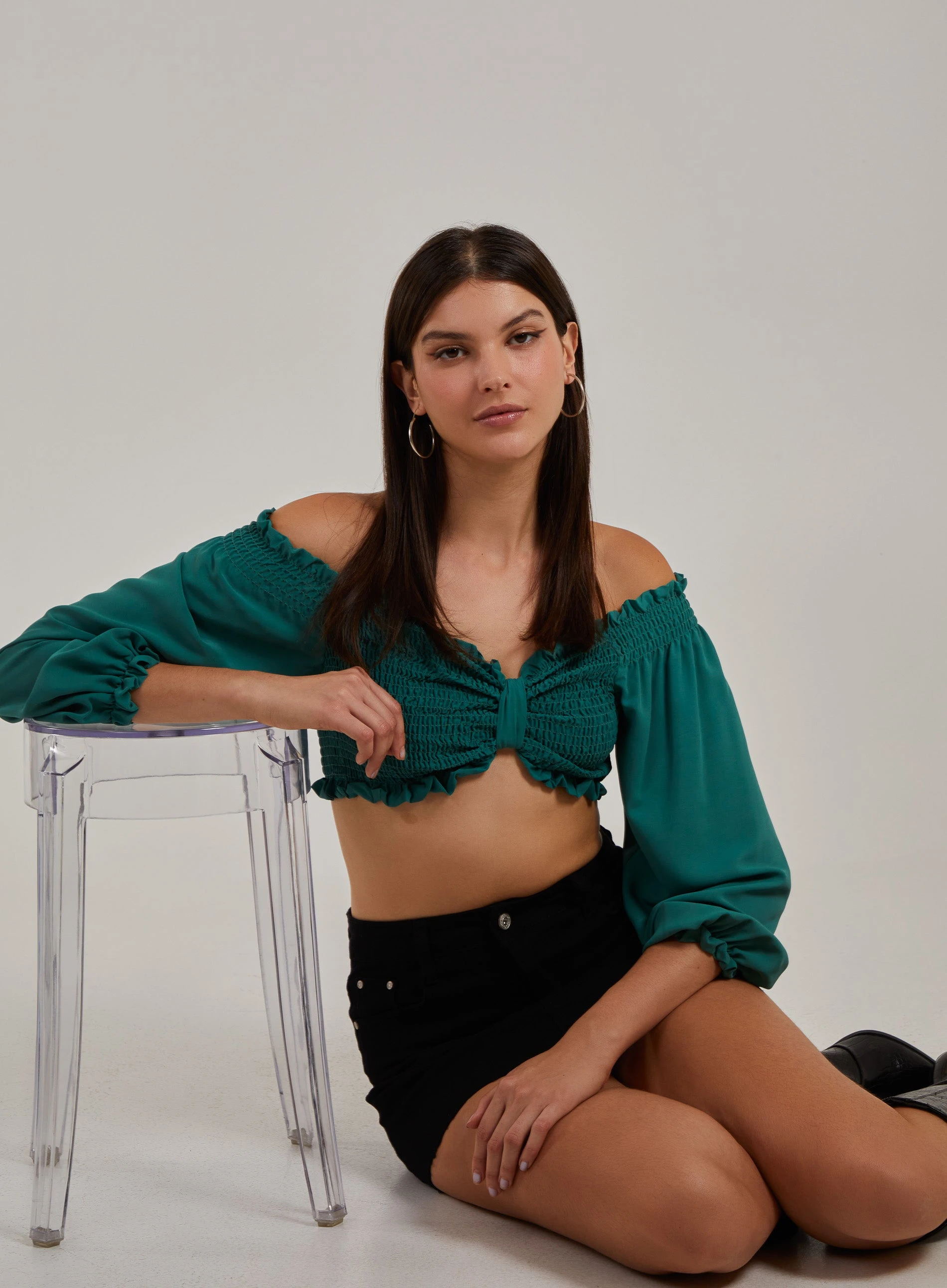 Twist Front Balloon Sleeve Crop Top  - S  - Bottle Green