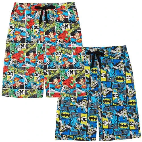 Two Pack Men's Lounge Shorts - Batman, the Flash, Green Lantern & Superman - 100% Cotton - MEDIUM