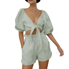 Two Piece Bikini for Girls Ladies Spring Summer Solid Color Fashion Sexy Cotton and Cardigan Top Pocket Shorts Casual Set Bikini Boy Shorts (Mint Green, S)