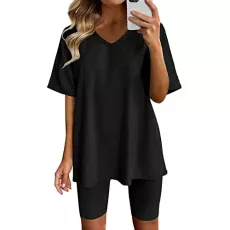 Two-piece outfits for women, short sleeve tops, skinny sports shorts, yoga sets, pyjamas, leotard, sexy shorts, stretch, 2-piece sports suit, two piece set, tracksuit, black, XXL