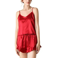 Two Piece Silk Set with Halterneck and V-Neck for Women Satin Pyjama Set Women's Short Sleepwear Women's Silk Satin, red, S