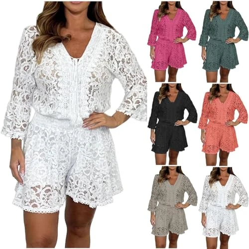 Two-Piece Women's Summer Casual Short Lace Suit with V-Neck Women Lace Tops Flared Sleeve Top and Shorts 2-Piece Trouser Suit Short Sexy Embroidery Hollow Party Outfits, black, XL