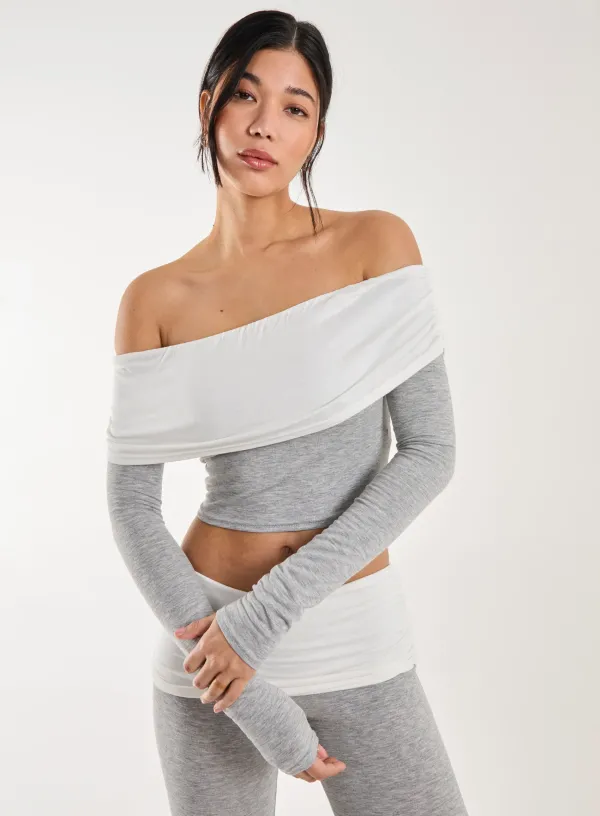 Two Tone Bardot Top - M - GREY