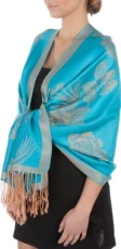 Two Tone Floral Rose Reversible Pashmina Scarf Shawl Wrap Stole for Women - Turquoise/Beige - Turquoise / Beige