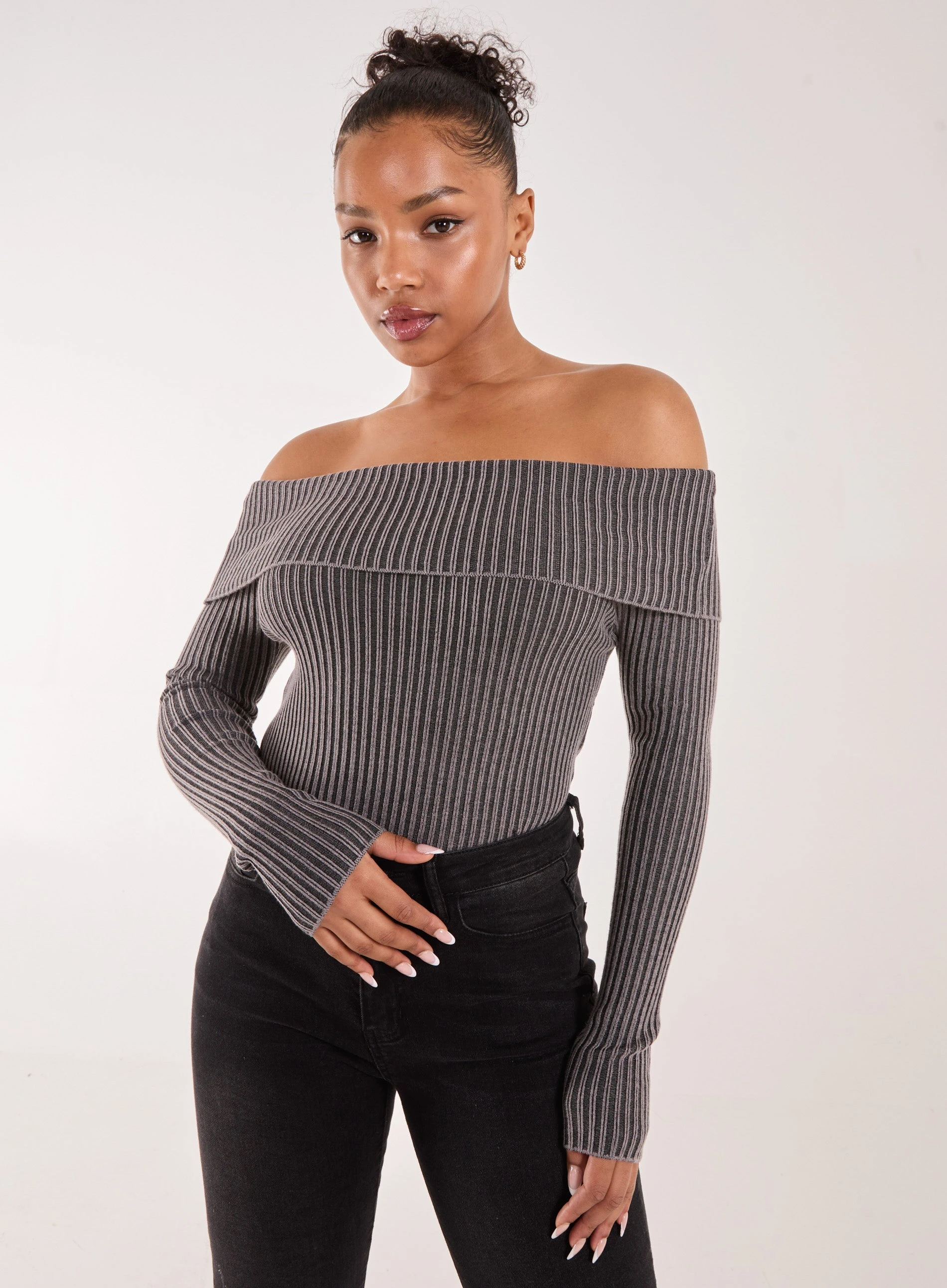 Two Tone Rib Bardot Top - M/L - BLACK