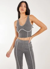 Two Tone Rib Corset Detail Top / BLACK