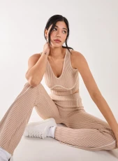Two Tone Rib Corset Detail Top / STONE