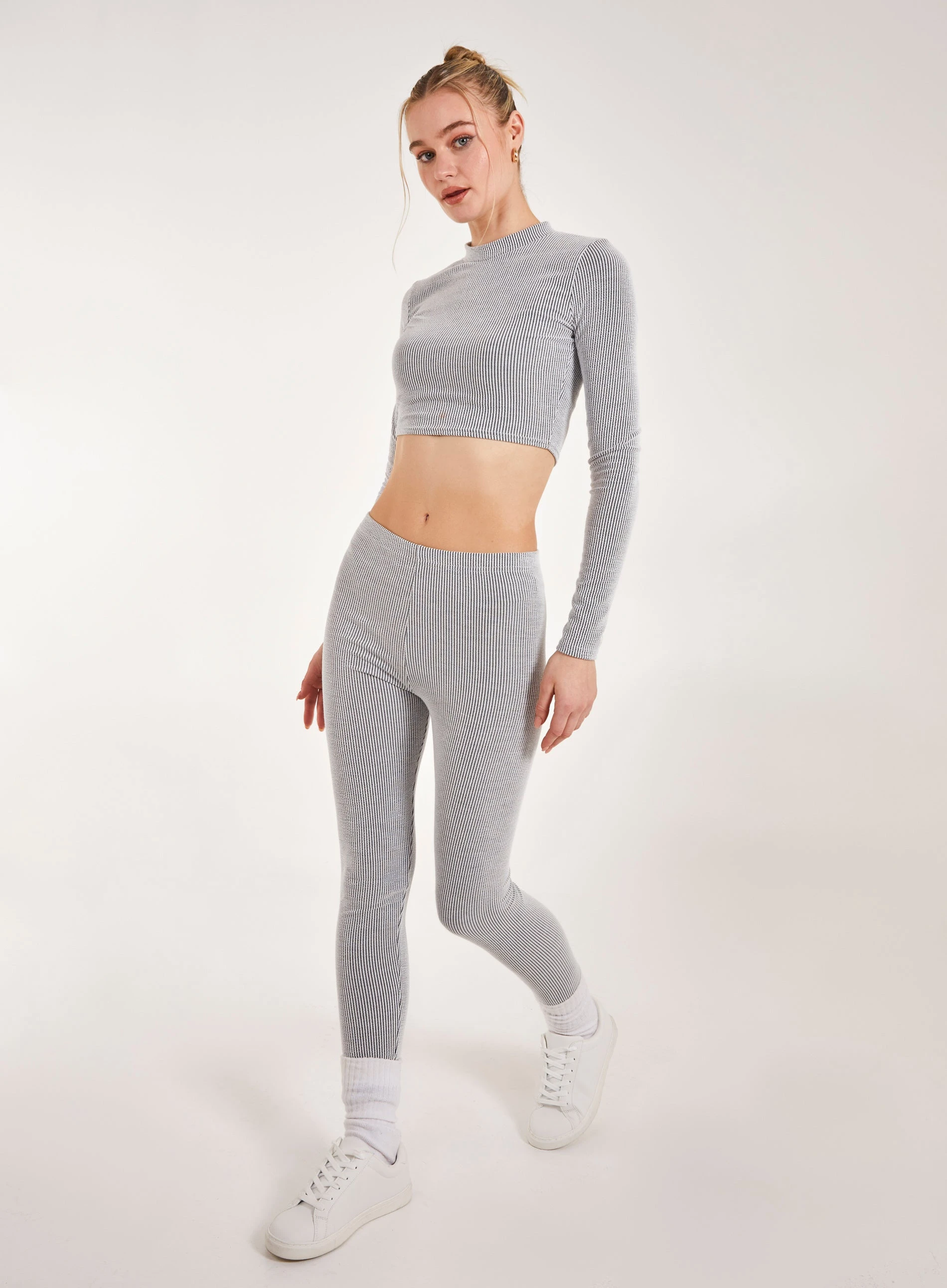 Two Tone Rib Leggings  - L  - Grey