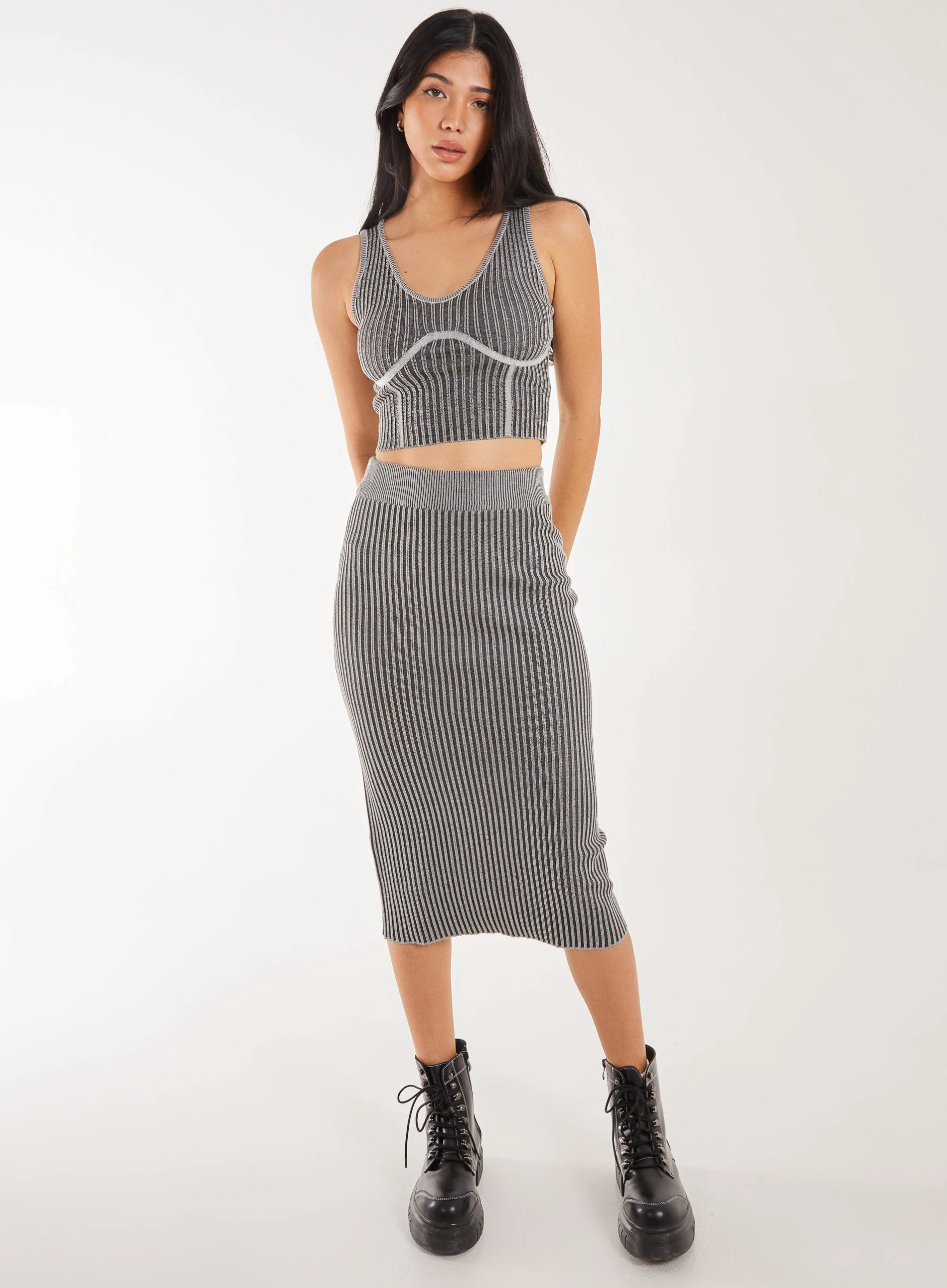 Two Tone Rib Midi Skirt  - S/M  - BLACK