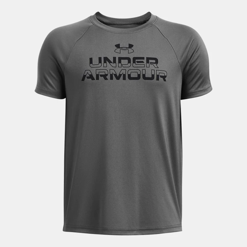 UA Tech? Split Wordmark Boys Short Sleeve Castlerock / Black YLG (59 in) - Gray