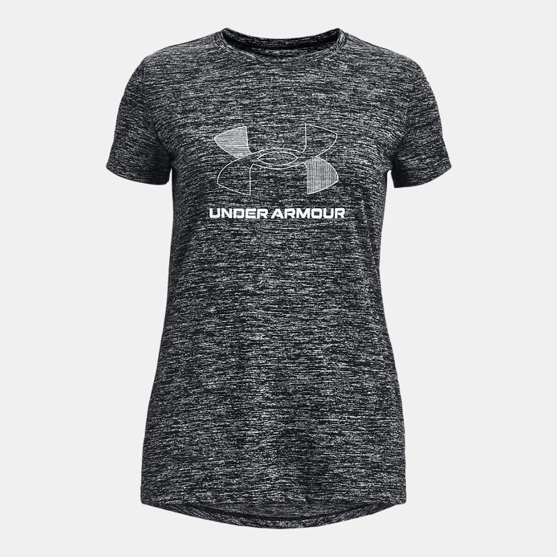 UA Tech? Twist Big Logo Girls Short Sleeve Black / White YMD ( 59 in)